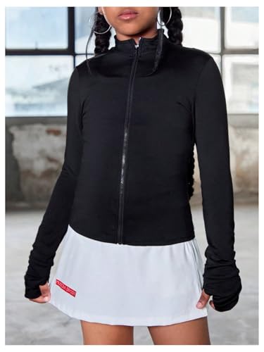 OYOANGLE Jaqueta de ioga atlética de manga comprida com zíper e gola redonda para meninas, Preto, 8
