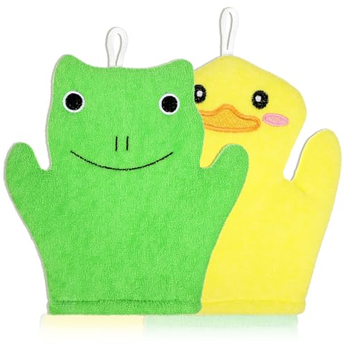 KFHENSOMR 2Pcs Baby Bath Mitt Washcloths Gloves Frog Duck Toddler Soft Washcloths for Kids Designed in Cute Animal Towel Gentle Scrub for Baby Girl Boy Bath Shower