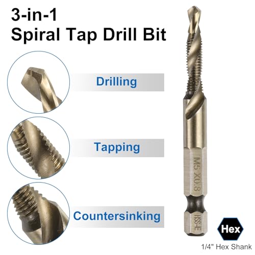 QUARKZMAN 4 Stück Gewindebohrer für Maschine M5 x 0.8, HSSM2(6542) Gelb geröstet Sechskantgriff, Universal-Bohrer für die meisten Situationen