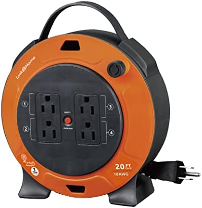 Link2Home Heavy Duty Retractable Extension Cord Reel 20 Ft. With 4 Outlets & 16AWG 3-Prong SJT Cord