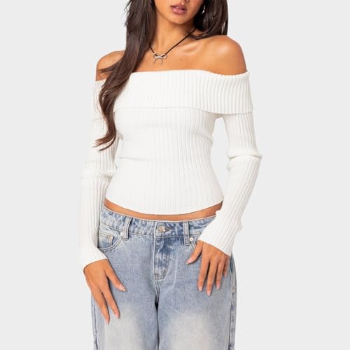 Image of Women Off Shoulder Solid Sweater Long Sleeve Vintage Slim Fit Crop Going Out Streetwear Y2k Ribbed Knit Tops(Daisy, S)