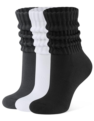 CLOSEMATE Calcetines Altos Mujer Algodon Slouch 3 Pares Retro Suaves Comodos Causales Holgados para Zapatillas Deportivas y Botas 1Negros1Blancos1Grises