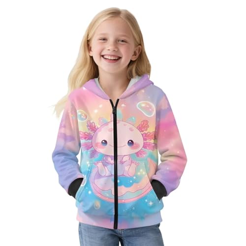 Psaytomey Colorful Axolotl Girls Zip Up Hoodies Warm Comfy Full Zip Sweatshirt Jackets Long Sleeve Pullover Fashion Fall Tops with Pocket for School Workout Sports