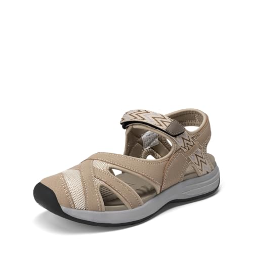 DREAM PAIRS Sandalias Deportivas Planas Punto Cerrado con Suela Eva Ligero Transpirables Tela de Secado Rápido Playa,Size 40.5,Beige,181103