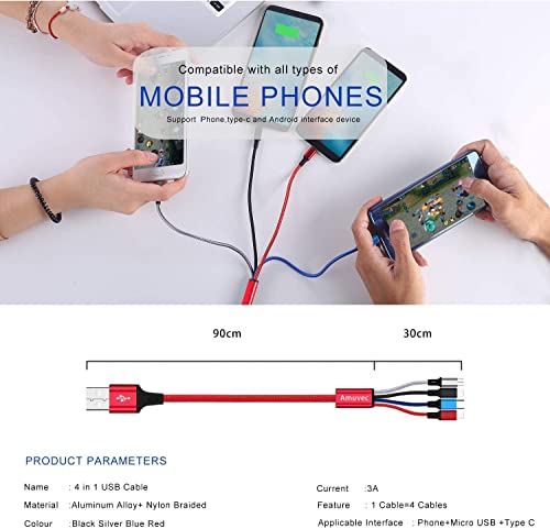 Multi Charging Cable, Amuvec[2Pack 4Ft 3A] 4 In 1 Nylon Braided Multiple Usb Fast Charge Cord With 2*Ip Type C Micro Usb Port Connectors Compatible Cell Phones Tablets And More #TOP1