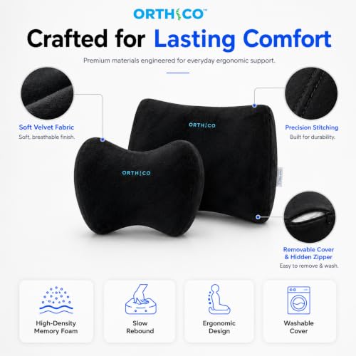 Image of Memory Foam Car Neck Pillow & Lumbar Support Combo | Ergonomic Car Headrest Neck Rest & Back Support Cushion for Driving, Office Chair & Travel | Black | Pack of 1