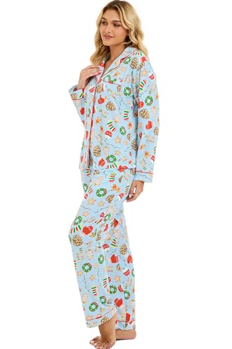 Image of LUBOT Christmas Pajamas for Women 100% Cotton Pajama 2 Piece PJ Set Soft Long Sleeve Button Xmas Print Loungewear XS-XXL