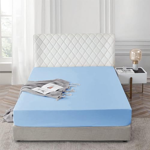 AR Ware Double Fitted Sheet 100% Egyptian Cotton 300 TC, Breathable Deep Fitted Sheets Double Bed, Hotel Quality 30 Cm Fitted Bed Sheets (Light Blue)
