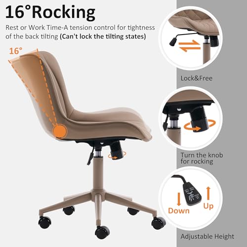 Image of YOUTASTE All Khaki Office Chair, Modern Armless Desk Chair with Back, Adjustable Swivel Rolling Faux Leather Task Chair with Wheels Metal Base for Home Office, Study, or Vanity
