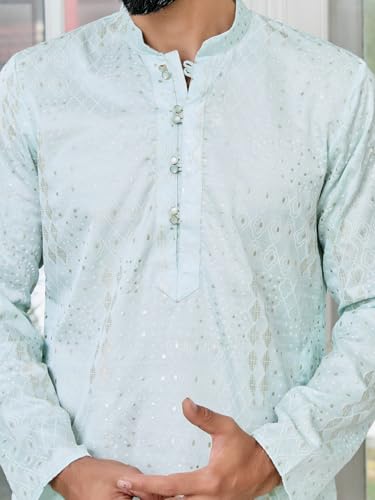 Image of See Designs Men's Full Sleeve Mandarin Collar Floral Embroidered Mandarin Collar Thread Work Straight Long Kurta - Festive Collection