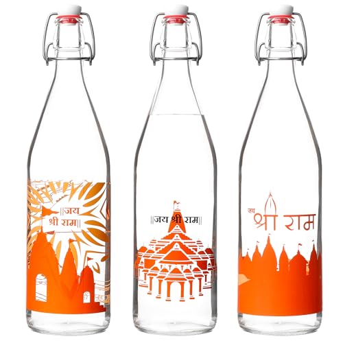 Image of SAND DUNE Glass Water Bottle Set of 3, 1000 ml Each Ayodhya Shree Ram Mandir Printed, Clip Top Cap, Leak-Proof for Water, Milk, Gangajal, Panchamrit, Spiritual, Decorative & Gifting Bottles