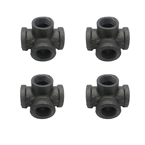 3/4 Inch 3，4，5，6 Way Industrial Cast Iron Pipe Fitting, Pipe Components For Building Tables, Chairs, Shelving, and Custom Furniture, Fits Standard Half Inch Pipes and Nipples, 4 Pack (4 Way)