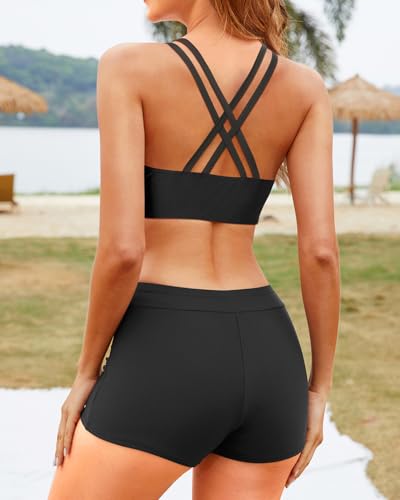 Image of Yonique 3 Piece Tankini Swimsuits for Women Swim Tank Top Bathing Suits with Boy Shorts and Bra Athletic Swimwear