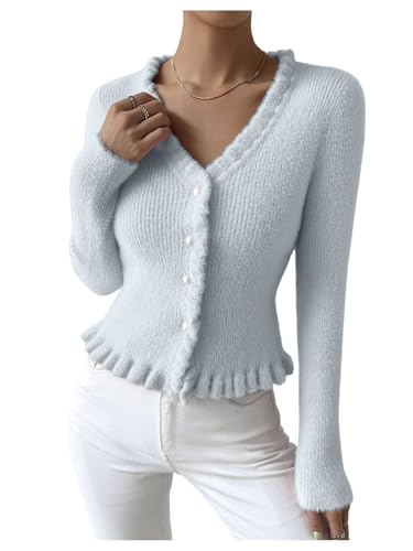 MakeMeChic Women's V Neck Sweater Cardigans Button Down Ruffle Long Sleeve Knit Outerwear