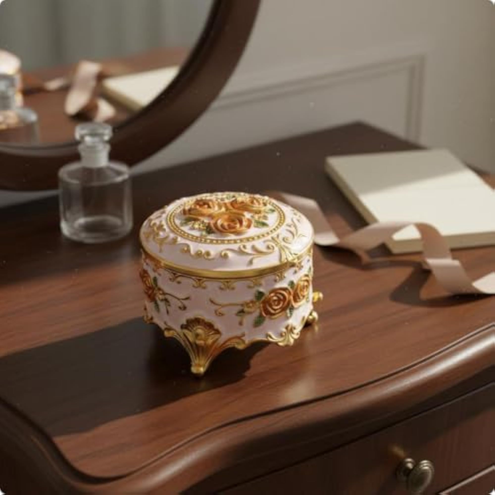 Flower Enamel Jewellery Box with Gold Trim
