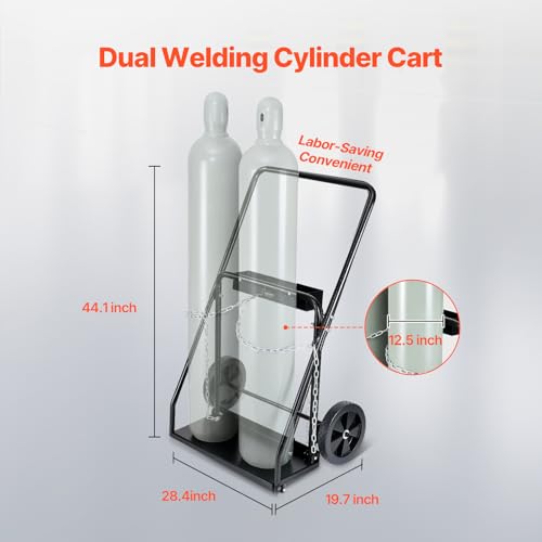 Image of VEVOR Dual Welding Cylinders Cart Oxygen Acetylene Tank Cart Heavy Duty | 440LBS Static Weight Capacity, 10 inch Solid Wheels & Tank Storage Safety Chains, Suitable for Double 12.5-Inch Dia. Gas Cylinder