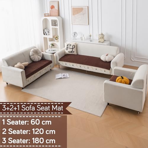 Image of HOKIPO 'Serenity Tassel' Chenille Sofa Cover 6 Seater Set with Tassels - Washable 3+2+1 Sofa Cover Mat | Chestnut Luke (IN-890 + IN-891 + IN-892 - BR)