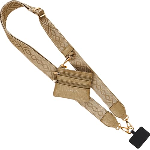 Image of Save the Girls Original Clip and Go Phone Strap Pattern (Classic - Camel) - Crossbody Phone Strap Chain with Zipper Wallet Pouch - Phone Lanyard Zippered