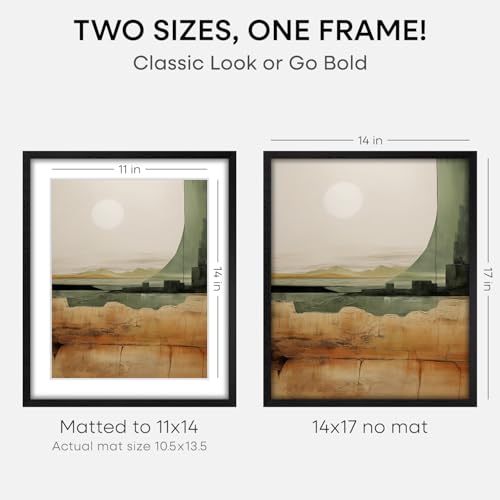 Image of Homeforia 14x17 Picture Frame Black Wood, High End Oak 14x17 Frames with Mat 11x14 Photo, 14 x 17 Wooden Poster Frame Matted to 11 by 14 Print, 17x14 Hanging Frames, Tempered Glass, Wall Kit, Set of 1
