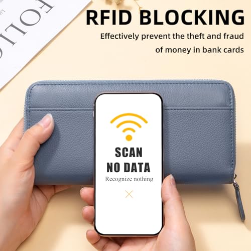 Image of RFID Blocking Womens Zipper Wallet Leather Large Capacity Billfold Clutch Zip Around Wallets for Women