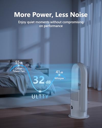 Image of ULTTY Bladeless Tower Fan and Air Purifier Combo, Quiet Oscillating Fan with Remote & Touch Control, 9 Speeds, 8H Timer, HEPA Air Filter, Safe Floor Fan for Bedroom Home Office White, 23.5 inchinch