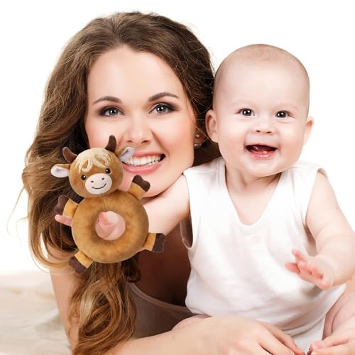 Image of Karenhi Highland Cow Tan Stuffed Animal Little Stuffed Animal Praying Baptism Soft Plush Snuggle God's Toy Embroidered Religious Gifts for Boys Girl Baby Shower Mom Barnyard Nursery Decor Doll Toy