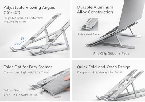 Image of LIRABS Foldable Metal Laptop Stand | Adjustable Height Aluminium Laptop Riser for 13-17 Inch Laptops | Ergonomic Computer Stand for Work from Home, Office & Study