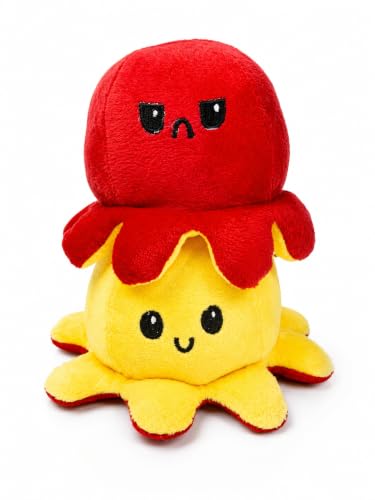 Image of Reversible Octopus Plush Toy 18 cm | Flip Mood Soft Toy | Double-Sided Happy & Angry Expression | Super Soft Stuffed Animal Plushie | Cute Kids Gift, Stress Relief Toy, Home Decor (Red - Yellow)