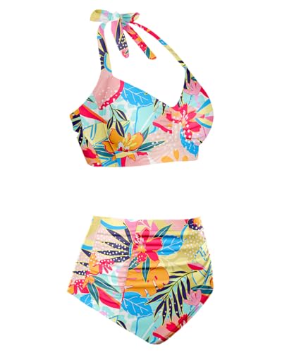 Image of Holipick Women High Waisted Bikini Set Two Piece Swimsuit Tummy Control Bathing Suit Vintage Halter Swimwear