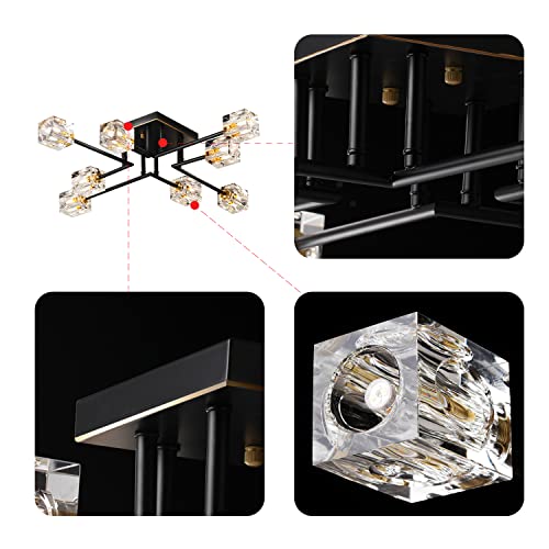 Okes 8-Lights Semi Flush Mount Ceiling Light Fixture,Black And Gold Modern Crystal Chandeliers,Farmhouse Lighting Fixtures For Dining Room Living Room Kitchen Bedroom Entryway #TOP5