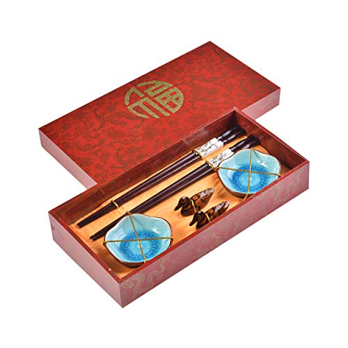 Quantum Abacus Elegant Chopstick Set Chinese Spring Made of Carved Wood, 2 Pairs of Chopsticks, 2 Chopstick Rests, 2 Ceramic Bowls, in Gift Box, Mod. I_S2-B-W-02