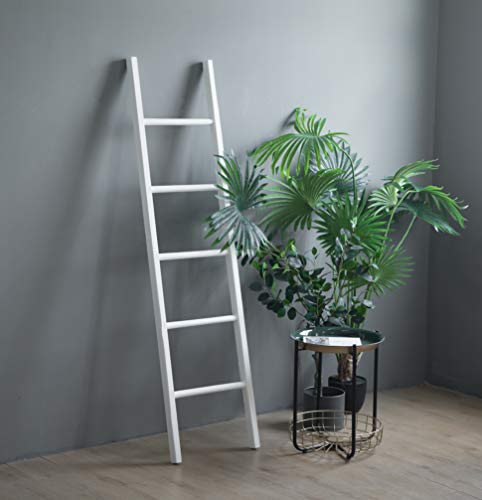 FUIN 6 Ft Wood Wall Leaning Decorative Ladders Shelves Rack for Blanket Quilt Towel Throws Scarves Storage, Rustic Farmhouse Bathroom Bedroom, White