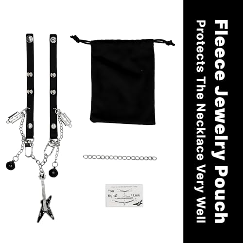 Goth Emo Choker Necklace with Guitar Razor Blade Bell Charms for Women Men – Punk Jewelry Black Faux Leather Collar for Cosplay Rock Costume Accessories3