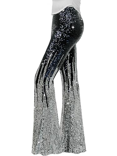 Nawgut Sequin Flare Pants Sparkly Glitter High Waisted Bell Bottom Trousers Disco Party Clubwear for Women-Large