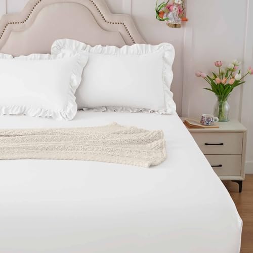 Image of Homiest 2-Pieces Ruffle Pillow Case & Fitted Sheet Set, White Twin Sheets with Ruffled Pillow Shams, 15 Inch Deep Pocket, Cute & Coquette Microfiber Bed Set for Decorating Bedroom Hotel