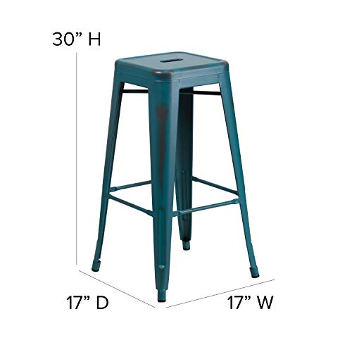 Emma + Oliver Commercial 30" H Backless Distressed Blue-Teal Metal Indoor-Outdoor Barstool #TOP3