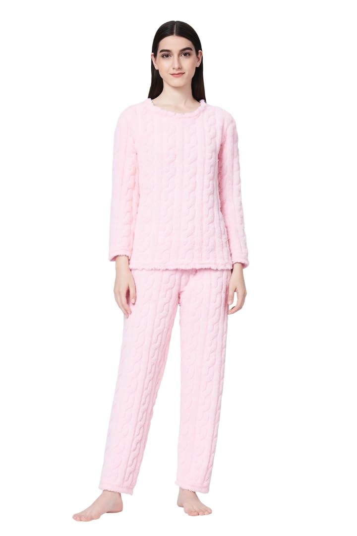 Women Fleece Winter Nightsuit Set | Cable Knit Textured Top & Pajama | Soft Warm Lounge Wear-image-8
