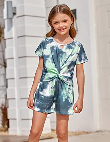 Yimoroe Girls Clothing Set Tie Dye Tracksuits Short Sleeve Tie Front T-Shirts And Shorts With Pockets Summer 2Pcs Kids #TOP3