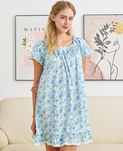 Image of Nanxson Women's Cotton Nightgown Short Sleeve Sleepwear Vintage Nightshirt | Summer Victorian Sleepdress,White Sleepshirt,U Neck Lace Loungewear,Soft Nightshirt,Loose Loungedress,Bride Nightwear