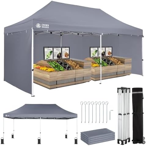CROWN SHADES 10x20 Pop Up Canopy Tent, Thicken Frame Commercial Heavy Duty Tent, 4 Sidewalls 8 Stakes & 4 Sandbags & 4 Ropes, Outdoor Canopies for Events, Parties, Gray