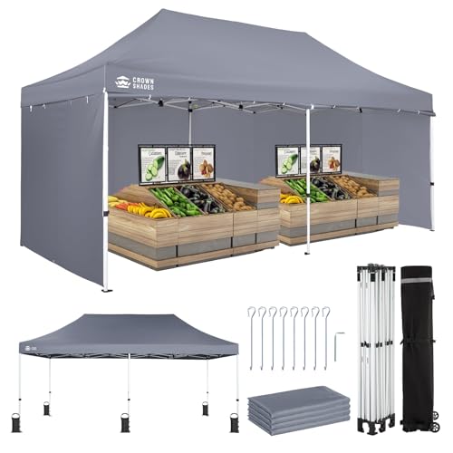 CROWN SHADES 10x20 Pop Up Canopy Tent, Thicken Frame Commercial Heavy Duty Tent, 4 Sidewalls 8 Stakes & 4 Sandbags & 4 Ropes, Outdoor Canopies for Events, Parties, Gray