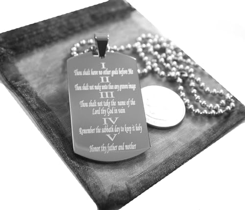 10 TEN COMMANDMENTS SOLID THICK STAINLESS STEEL BALL CHAIN SHINE PRAYER NECKLACE DOG TAG PENDANT