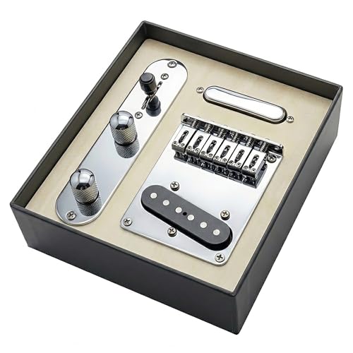 6-String Saddle Bridge Plate Prewired 3-Way Switch Control Plate Neck Pickup Set for Squier Telecaster Electric Guitar Replacement - Chrome