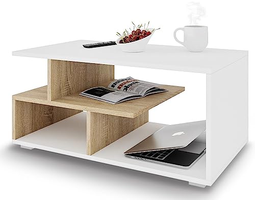 Meble Pitus Couchtisch Weiß/Sonoma Eiche – Moderner Wohnzimmertisch 90x50x49 cm mit Stauraum & Ablagefach – Stabiler Sofatisch, pflegeleicht & langlebig Meble Pitus Couchtisch Weiß/Sonoma Eiche – Moderner Wohnzimmertisch 90x50x49 cm mit Stauraum & Ablagefach – Stabiler Sofatisch, pflegeleicht & langlebig