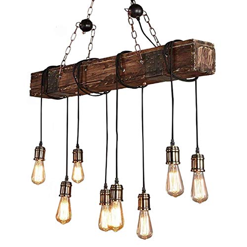 Lampadario in Legno Retrò Industriale Sospensione Luce Ferro Battuto E27 Altezza Regolabile Illuminazione Luci Soggiorno Plafoniera Ristorante Bar Caffetteria Decorazione Hanging Lamp,8 heads