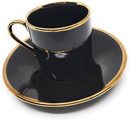 Prestige Kitchen Porcelain Bone China Espresso Turkish Coffee Demitasse Set of 6 Gold Rimmed Cups + Saucers (Black), Demi-tasse, 3 oz, 80 ml