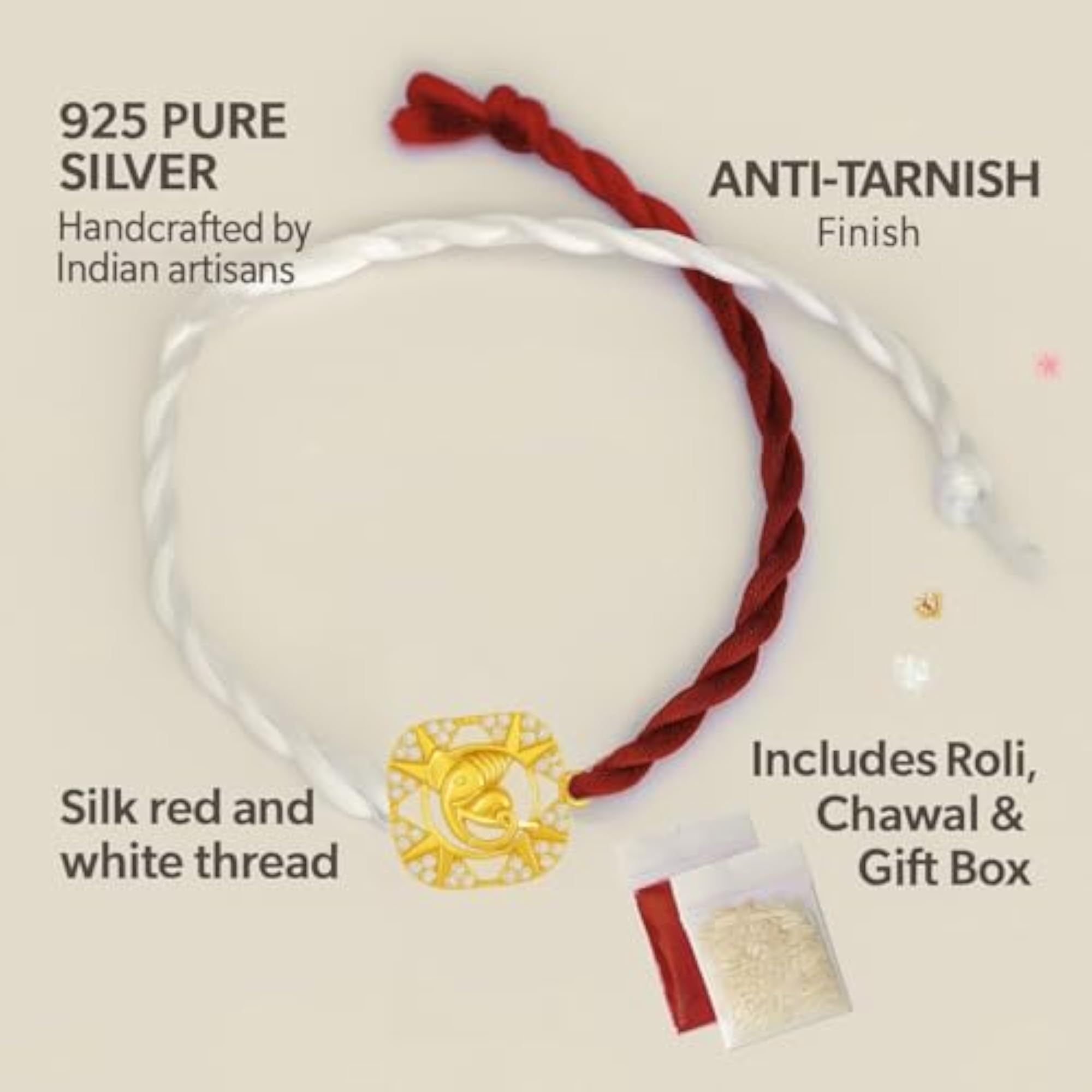 Handmade 925 Sterling Silver Rakhi Set with Roli Chawal, Spiritual Gift