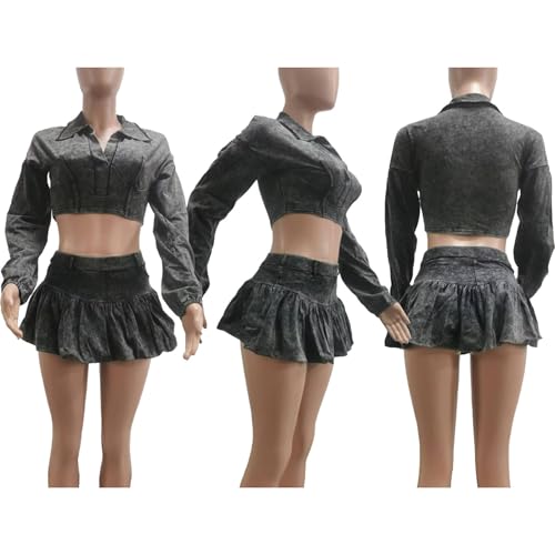Women's Sexy 2 Piece Outfits V Neck Collared Long Sleeve Crop Tops and Mini Bubble Skirt Sets Y2k Party Clubwear3
