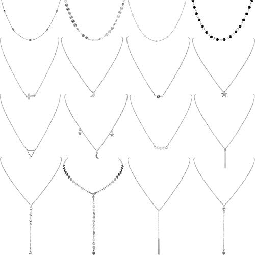16 Pieces Layered Choker Necklace Adjustable Pendant Necklace Moon Sequins Choker Multilayer Chain Necklace Set for Women Girls (Silver)
