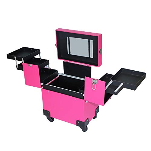 NBDPF 4 Wheel Pro Aluminum Rolling Makeup Cosmetic Train Case Lockable Wheeled Box Portable Aluminum Cosmetic Makeup Case Tattoo Box with PVC Mirror Pink